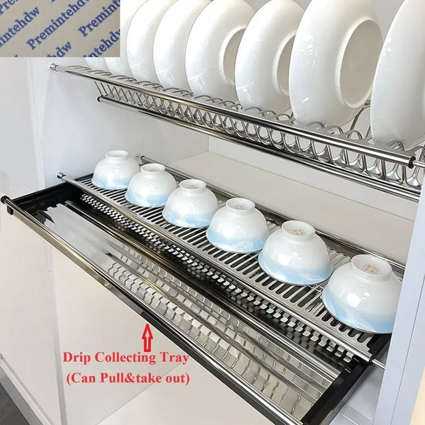 1Set Stainless Steel 2 Tiers Dish Rack With Drip Collecting Tray Kitchen Cupboard Plate Storage Drying