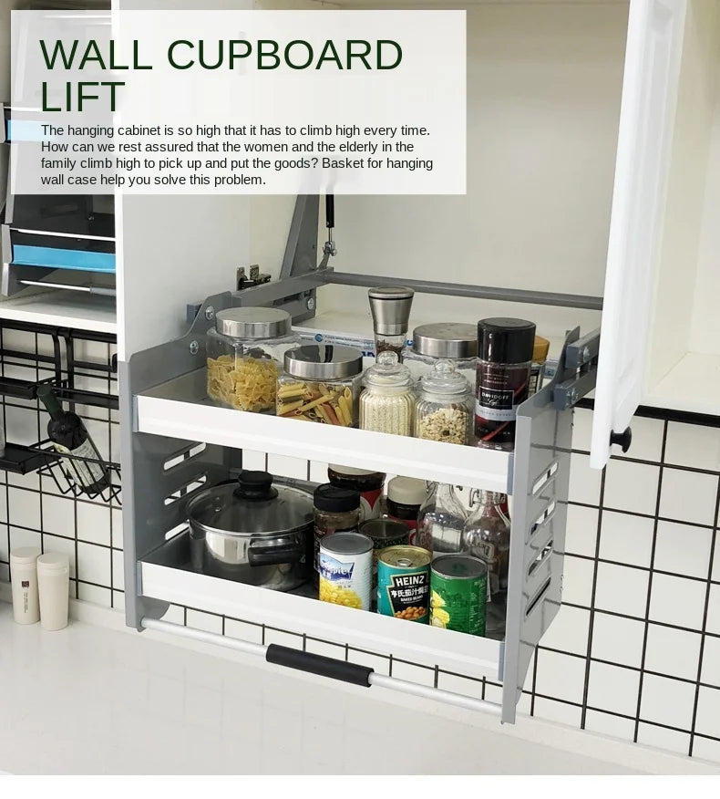 Wall Cupboard Storage Lifting Basket Kitchen Cabinet Stainless Steel Seasoning Basket Lift