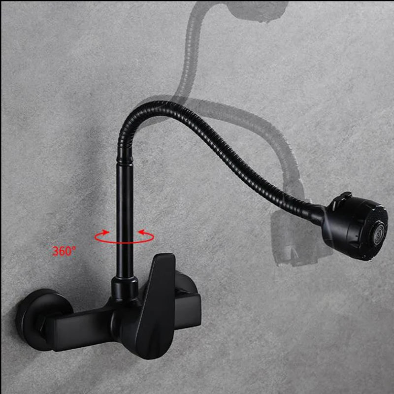 Onyzpily Free Shipping Black Brushed Kitchen Faucet Wall Mounted 2 Models Hot&Cold Water Sink Faucet 360 Rotation Sprayer Taps