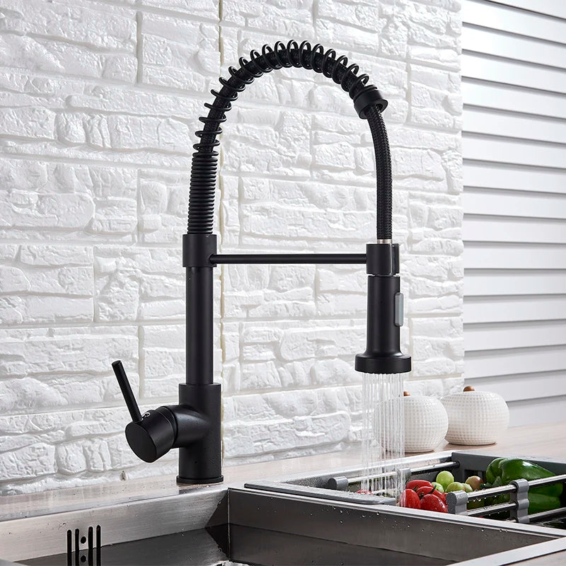 Matte Black Pull Down Kitchen Faucet Chrome Dual Modes Nozzle Hot Cold Water Mixer Crane Tap Brass Spring Kitchen Sink Faucets