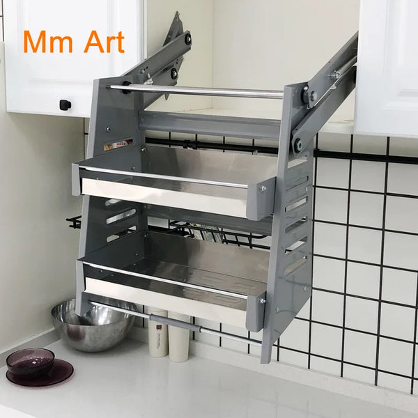 Wall Cupboard Storage Lifting Basket Kitchen Cabinet Stainless Steel Seasoning Basket Lift