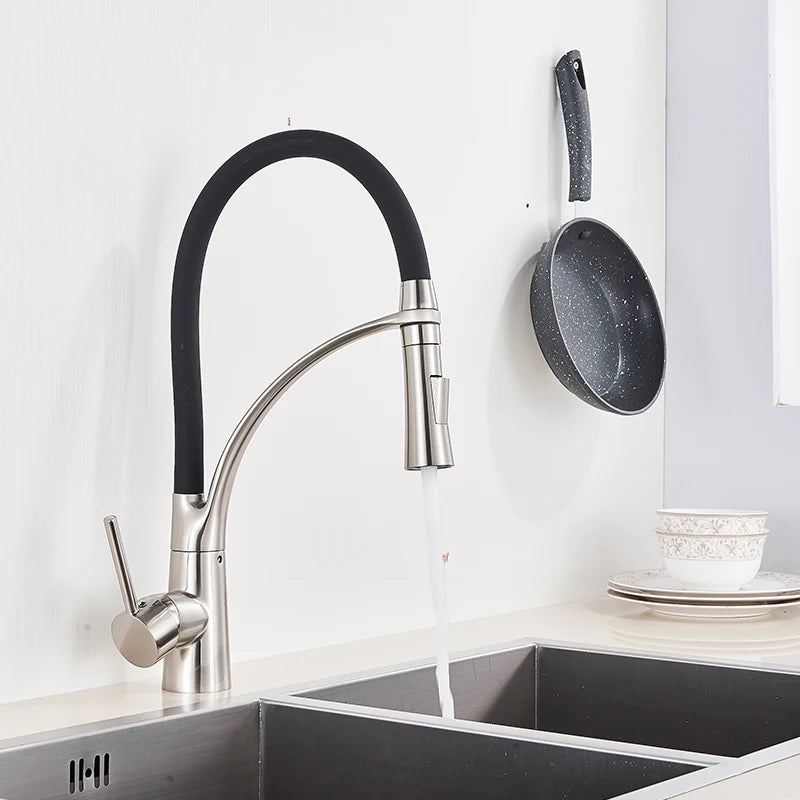 Brushed Nickel Rubber Kitchen Faucet Mixer Tap Rotation Pull Down Stream Sprayer Taps Hot Cold Water Tap One Handle Kitchen Tap