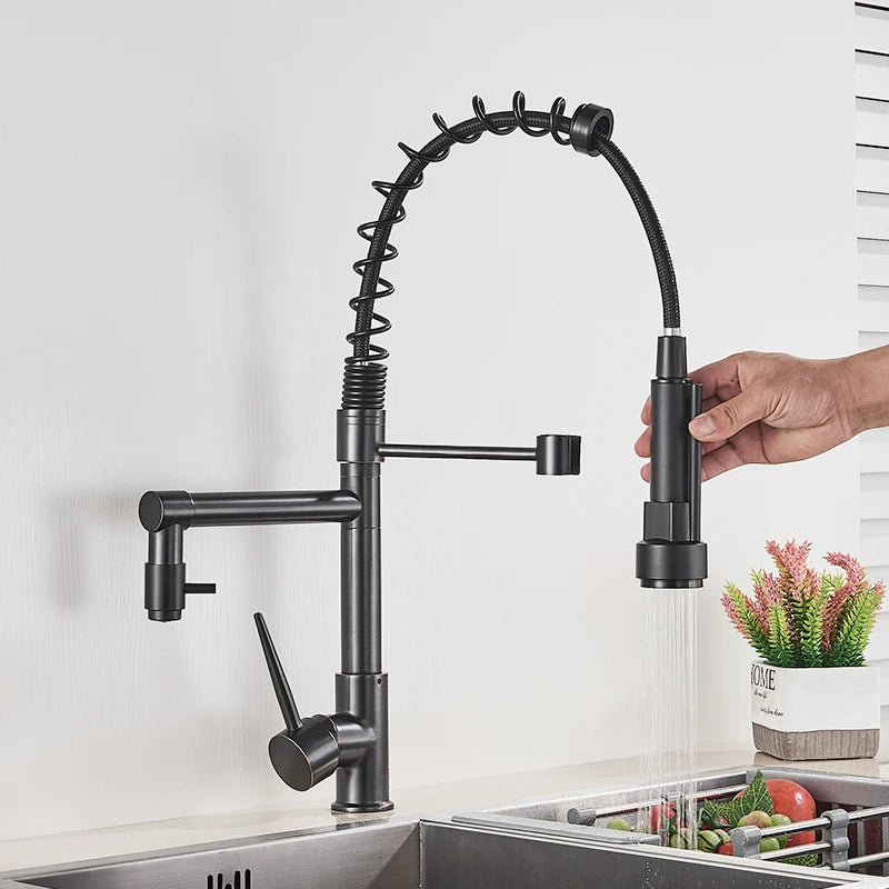 Rozin Black Spring Pull Down Kitchen Sink Faucet Deck Mounted Dual Spout Hot & Cold Water Mixer Tap Crane,Single Handle,SUS 304