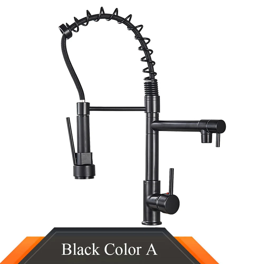 Rozin Black Spring Pull Down Kitchen Sink Faucet Deck Mounted Dual Spout Hot & Cold Water Mixer Tap Crane,Single Handle,SUS 304