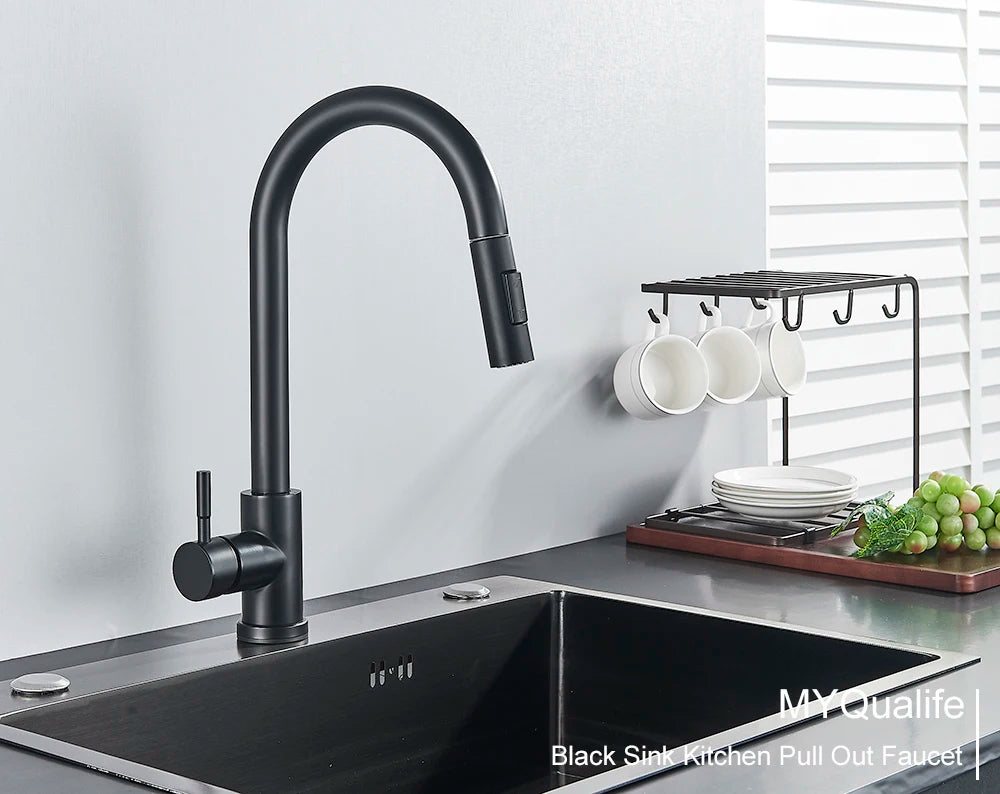 Black Kitchen Faucet Two Function Single Handle Pull Out Mixer Hot and Cold Water Taps Deck Mounted