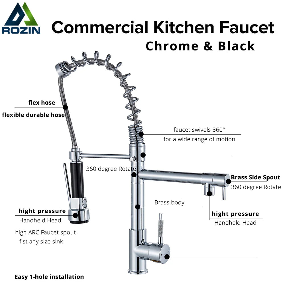 Rozin Black Spring Pull Down Kitchen Sink Faucet Deck Mounted Dual Spout Hot & Cold Water Mixer Tap Crane,Single Handle,SUS 304