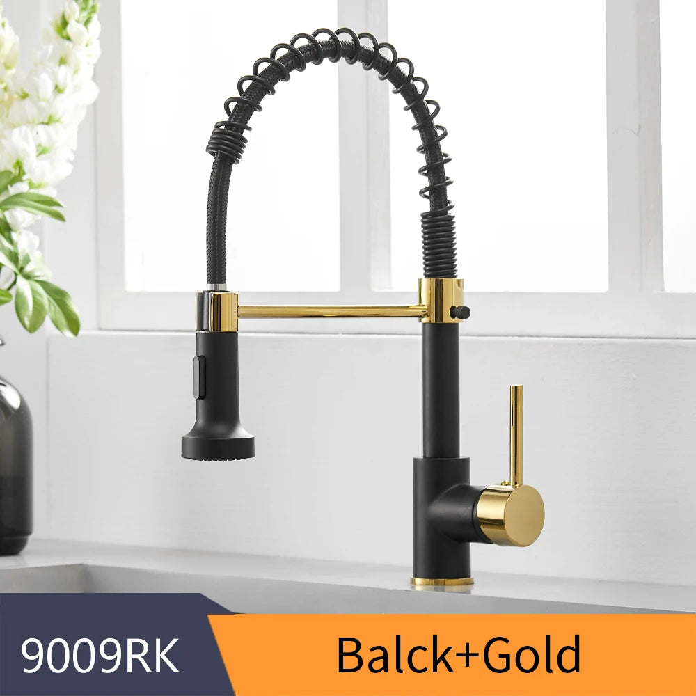 Kitchen Faucets Brush Brass Faucets for Kitchen Sink  Single Lever Pull Down Spring Spout Mixers Tap Hot Cold Water Crane 9009