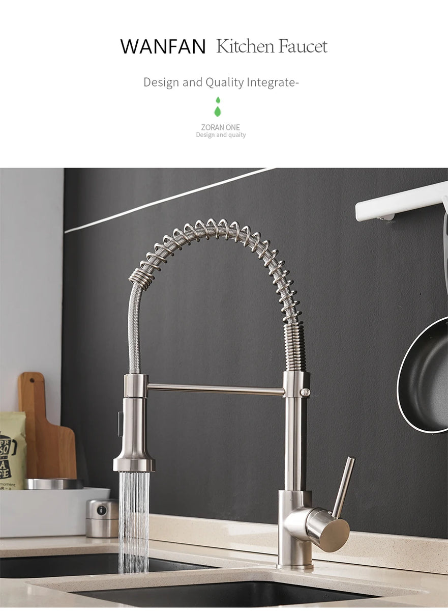 Kitchen Faucets Brush Brass Faucets for Kitchen Sink  Single Lever Pull Down Spring Spout Mixers Tap Hot Cold Water Crane 9009