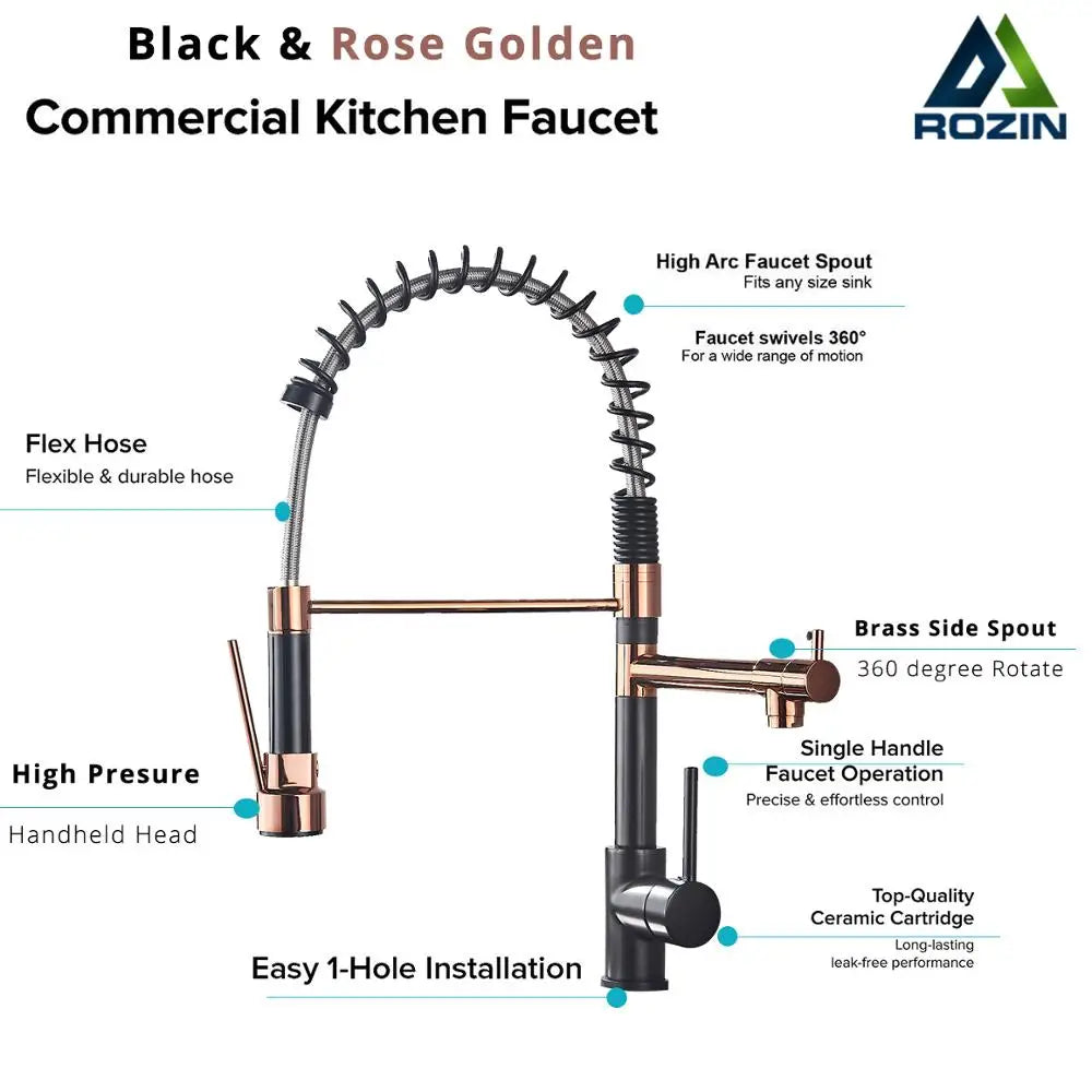 Rozin Black Spring Pull Down Kitchen Sink Faucet Deck Mounted Dual Spout Hot & Cold Water Mixer Tap Crane,Single Handle,SUS 304