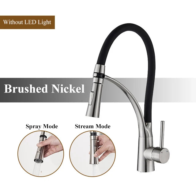 Brushed Nickel Rubber Kitchen Faucet Mixer Tap Rotation Pull Down Stream Sprayer Taps Hot Cold Water Tap One Handle Kitchen Tap