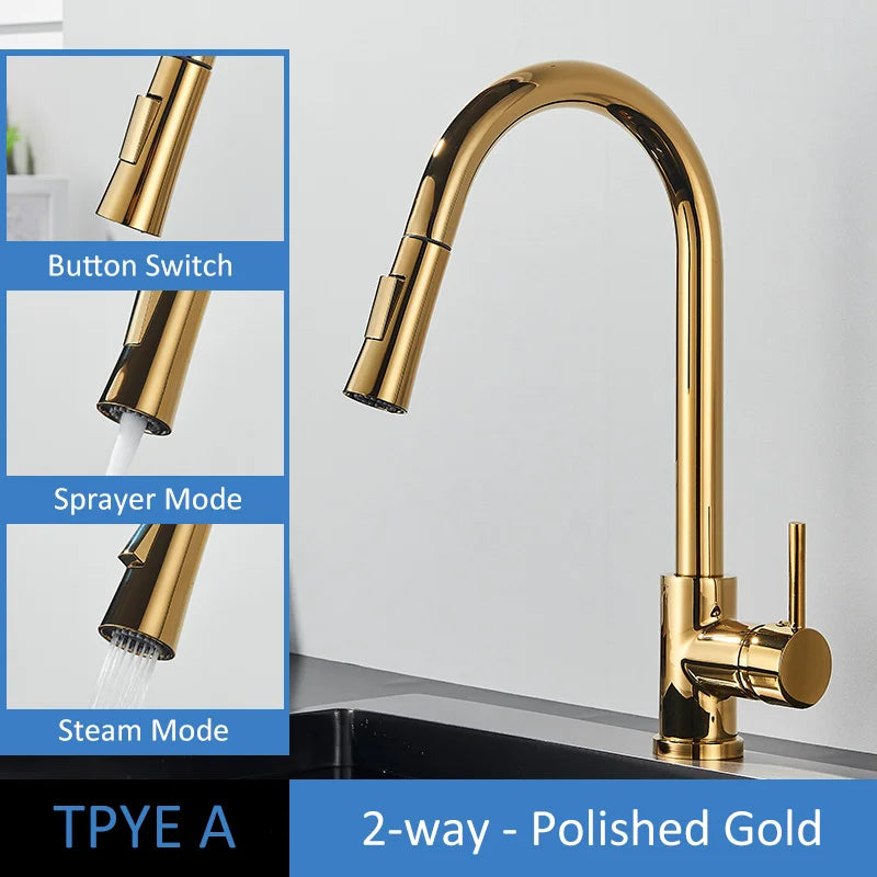 Quyanre Brushed Gold Kitchen Faucet Pull Out Kitchen Sink Water Tap Single Handle Mixer Tap 360 Rotation Kitchen Shower Faucet