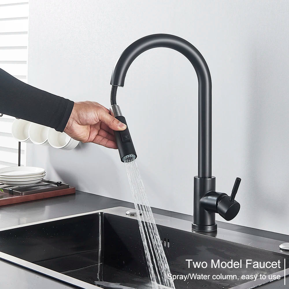 Black Kitchen Faucet Two Function Single Handle Pull Out Mixer Hot and Cold Water Taps Deck Mounted