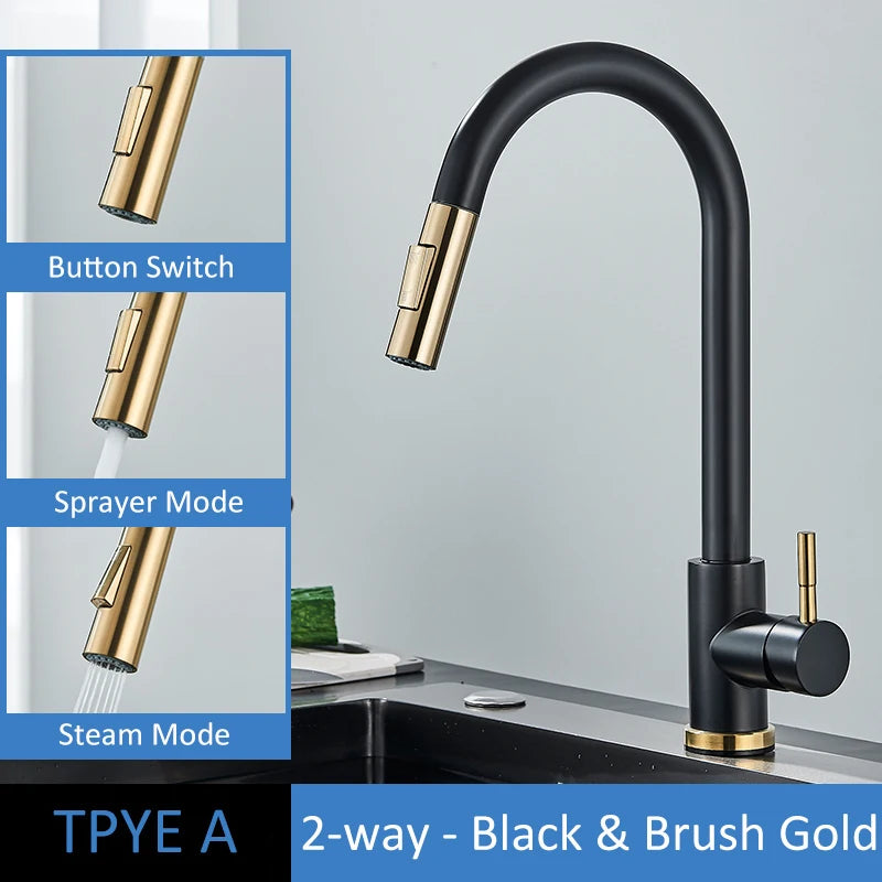 Quyanre Brushed Gold Kitchen Faucet Pull Out Kitchen Sink Water Tap Single Handle Mixer Tap 360 Rotation Kitchen Shower Faucet