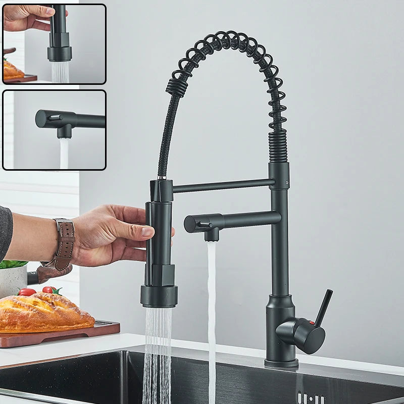 Black Kitchen Sink Faucet Pull Down Hot and Cold Water Mixer2 Mode Tap with Dual Spout 360 Rotation Flexible Deck Mounted