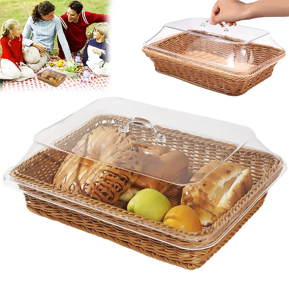 Wicker Bread Basket Serving Vegetable Bread Serving Lid Food Box Baskets With Acrylic Supplies Storage Kitchen Fruit Picnic O0T0