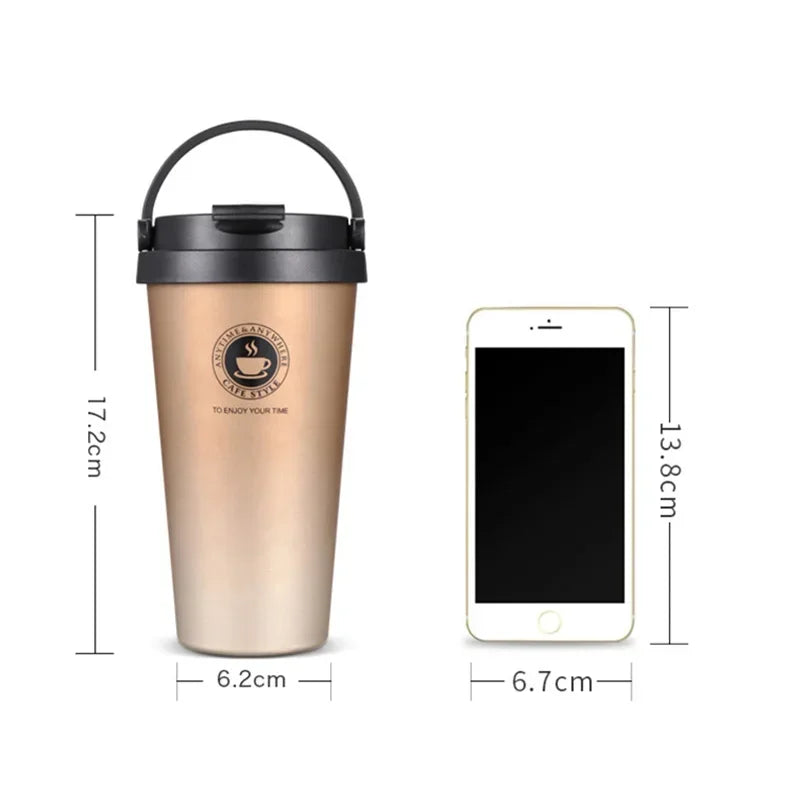 500ml Insulated Travel Coffee Cup Double Wall Leak-Proof Thermos Mug Vacuum Stainless Steel Tea Tumbler with Lid and Handle