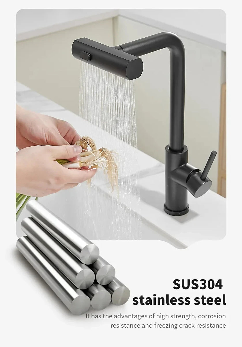 Black Kitchen Faucets Gray Pull Out Rotation Waterfall Stream Sprayer Head Sink Mixer Brushed Nickle Water Tap Accessorie