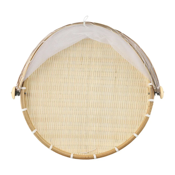 Handmade Bamboo Basket With Net Mesh Cover Kithen Bread Fruit Vegetable Food Container Outdoor Travel Picnic Dust Proof Basket