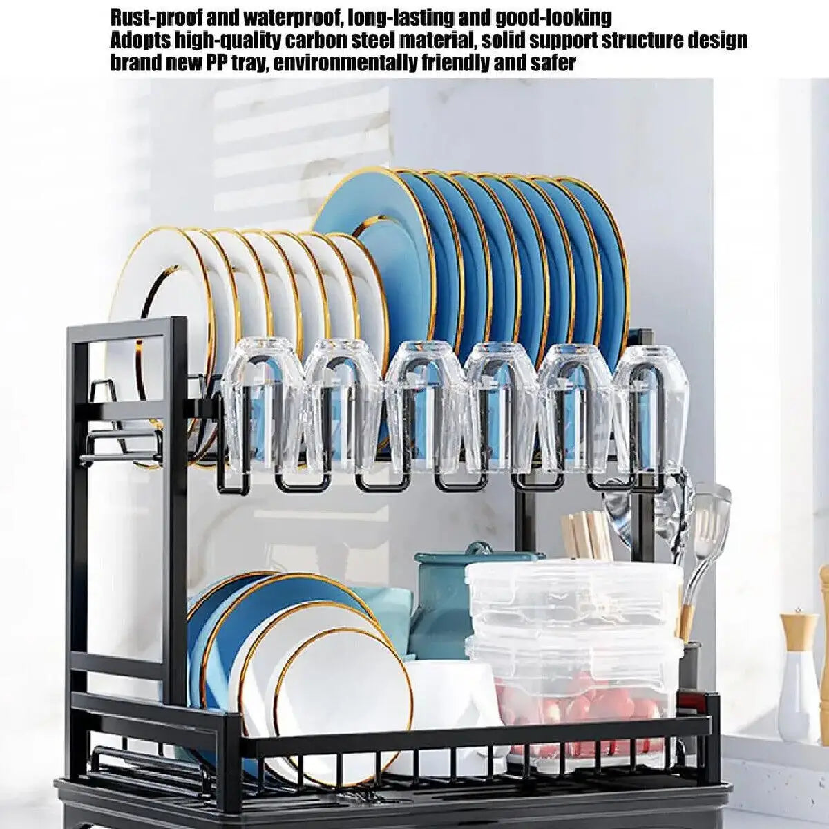 3 Tier Dish Drainer With Drip Tray Cutlery Holder Plate Rack Kitchen Sink