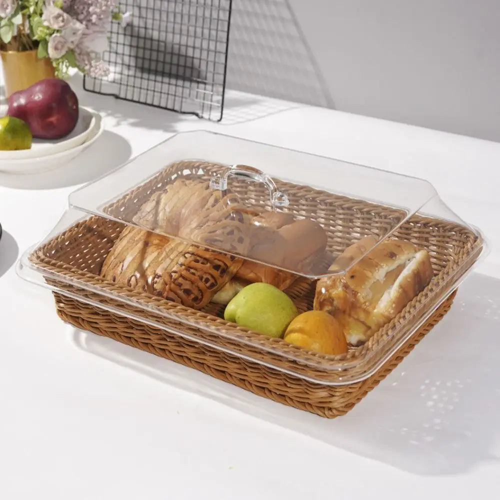 1Pcs Imitation Rattan Woven Basket Lid Transparent Vegetable Bread Serving Food Serving Basket with Acrylic Lid Tabletop