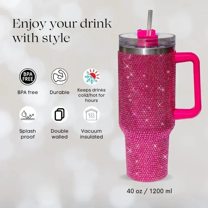 40oz Rhinestone Tumbler Women Shiny Diamond Stainless Steel Straw Cup Travel Car Thermoses Coffee Mug Water Bottle Drinkware