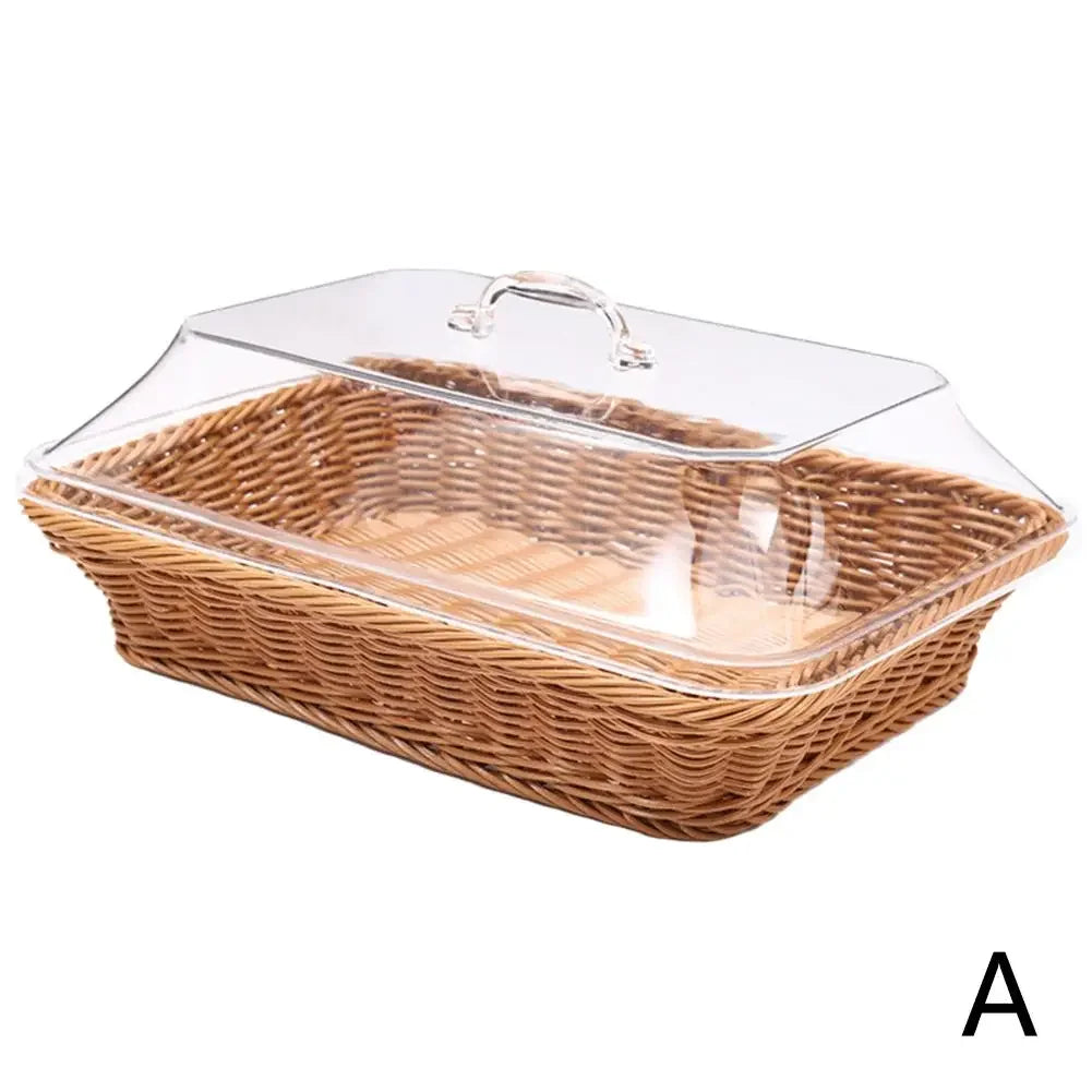 Wicker Bread Basket Serving Vegetable Bread Serving Lid Food Box Baskets With Acrylic Supplies Storage Kitchen Fruit Picnic O0T0