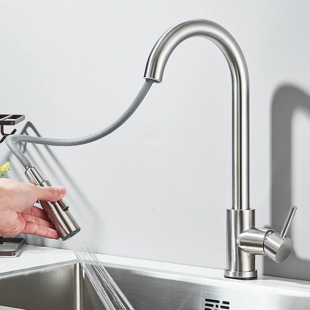 Pull Down Kitchen Sink Faucet Pull Out Two Function Single Handle Hot and Cold Water Mixer Taps Deck Mounted