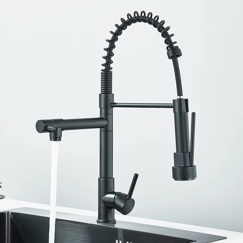 Rozin Black Spring Pull Down Kitchen Sink Faucet Deck Mounted Dual Spout Hot & Cold Water Mixer Tap Crane,Single Handle,SUS 304