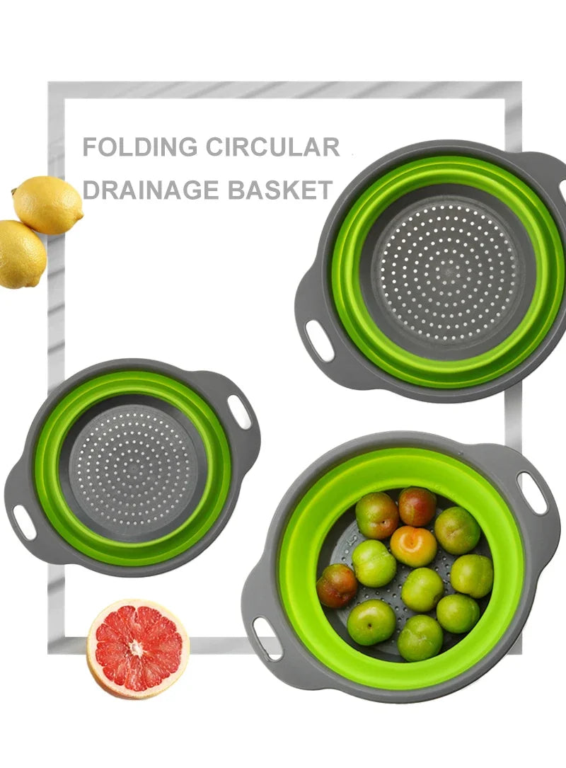 2pcs Silicone Round Folding Vegetable Fruits Washing Drain Basket Colander Strainer Collapsible Drainer Kitchen Tool cocina