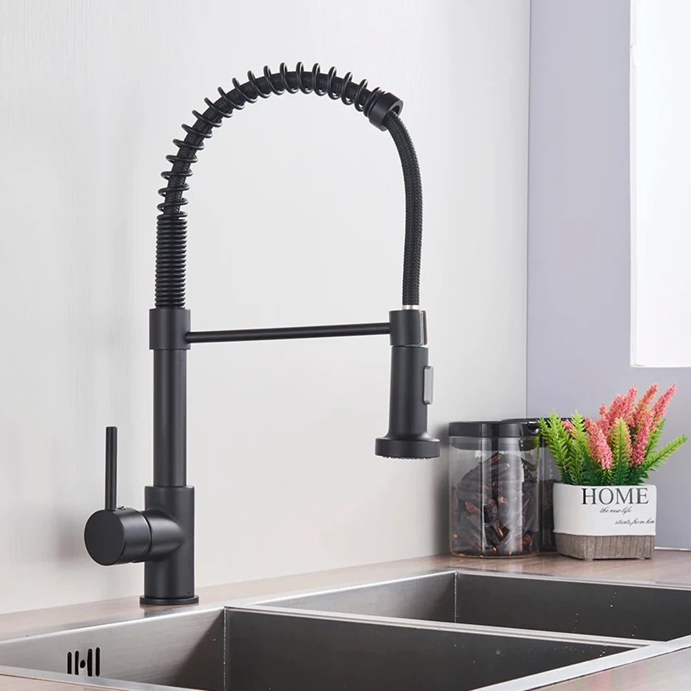 Matte Black Pull Down Kitchen Faucet Chrome Dual Modes Nozzle Hot Cold Water Mixer Crane Tap Brass Spring Kitchen Sink Faucets