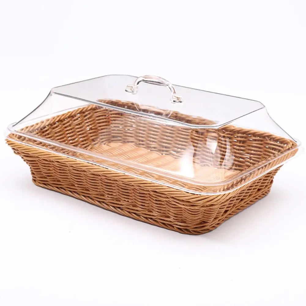 1Pcs Imitation Rattan Woven Basket Lid Transparent Vegetable Bread Serving Food Serving Basket with Acrylic Lid Tabletop