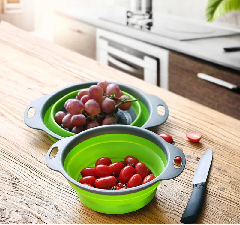 2pcs Silicone Round Folding Vegetable Fruits Washing Drain Basket Colander Strainer Collapsible Drainer Kitchen Tool cocina