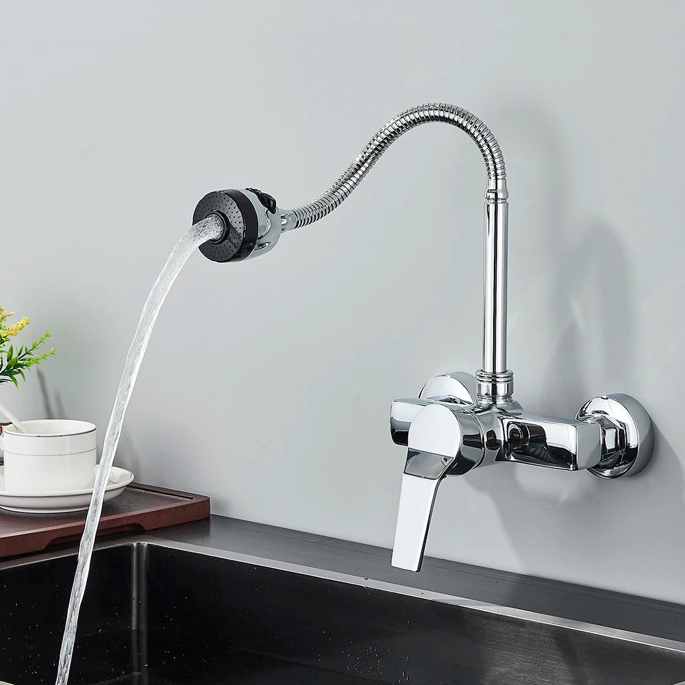 Chrome Wall Mounted Dual Hole Kitchen Faucet Lead Free Hot Cold Water Mixer Tap Stream Spray Bubbler 360 Rotation Flexible Pipe