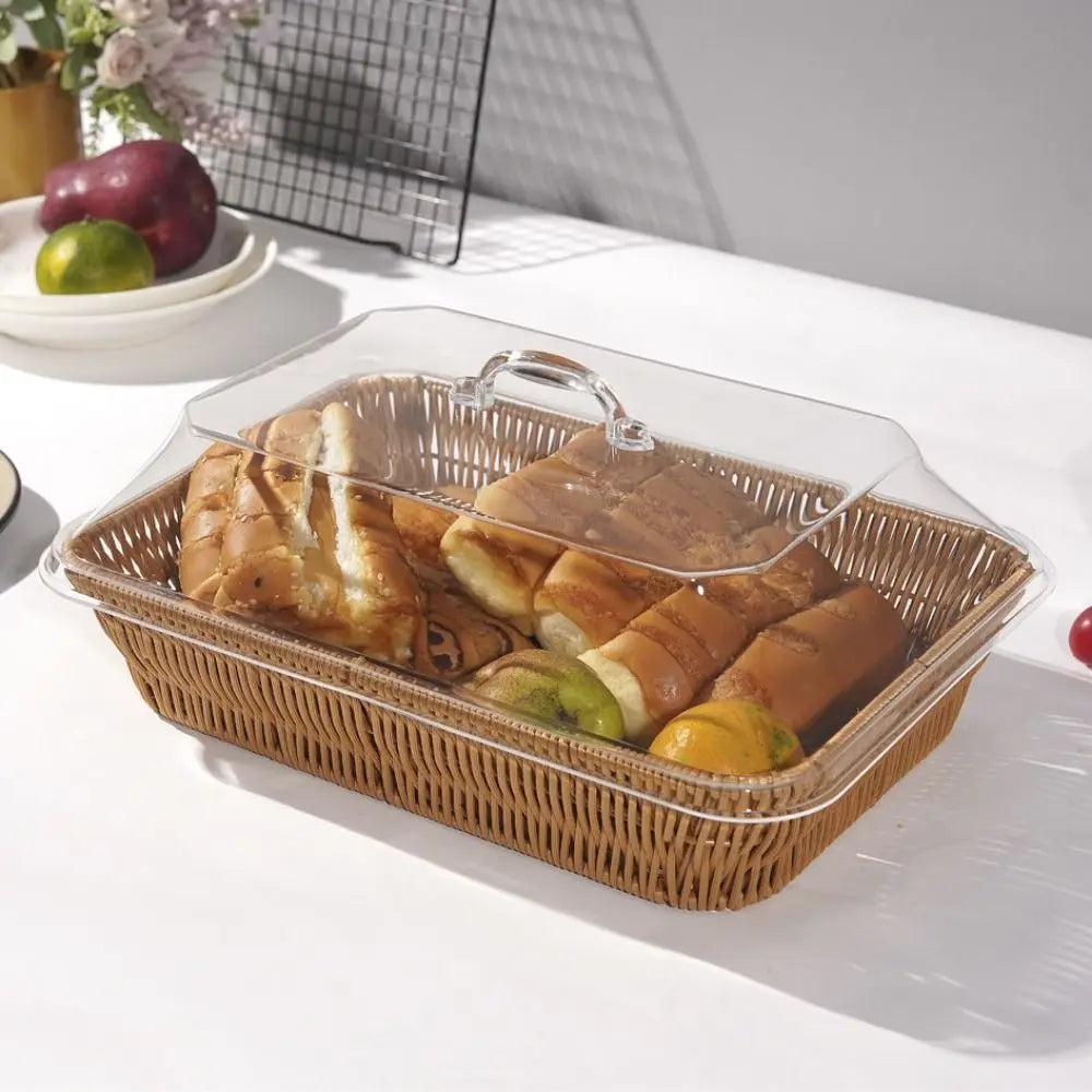 1Pcs Imitation Rattan Woven Basket Lid Transparent Vegetable Bread Serving Food Serving Basket with Acrylic Lid Tabletop