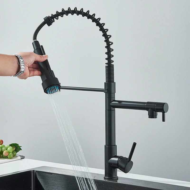 Rozin Black Spring Pull Down Kitchen Sink Faucet Deck Mounted Dual Spout Hot & Cold Water Mixer Tap Crane,Single Handle,SUS 304