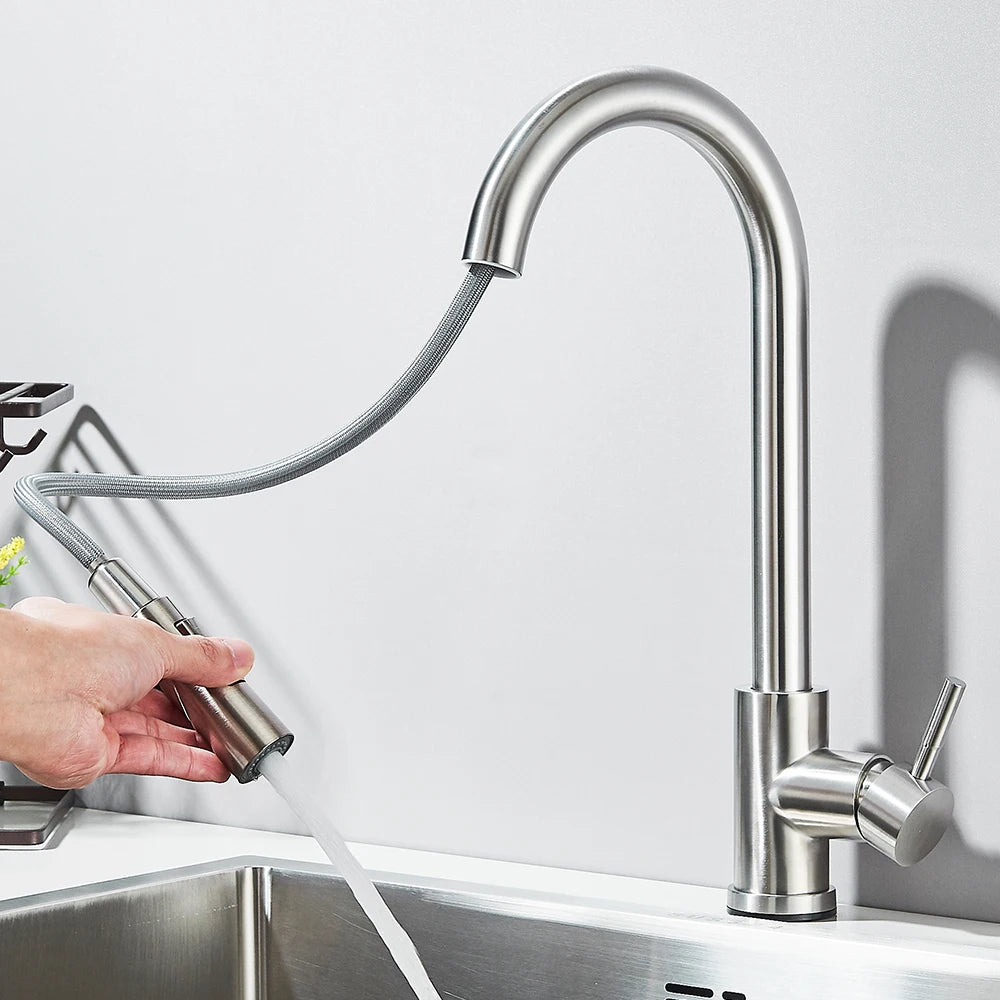 Pull Down Kitchen Sink Faucet Pull Out Two Function Single Handle Hot and Cold Water Mixer Taps Deck Mounted