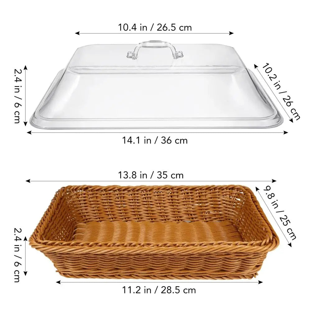 1Pcs Imitation Rattan Woven Basket Lid Transparent Vegetable Bread Serving Food Serving Basket with Acrylic Lid Tabletop