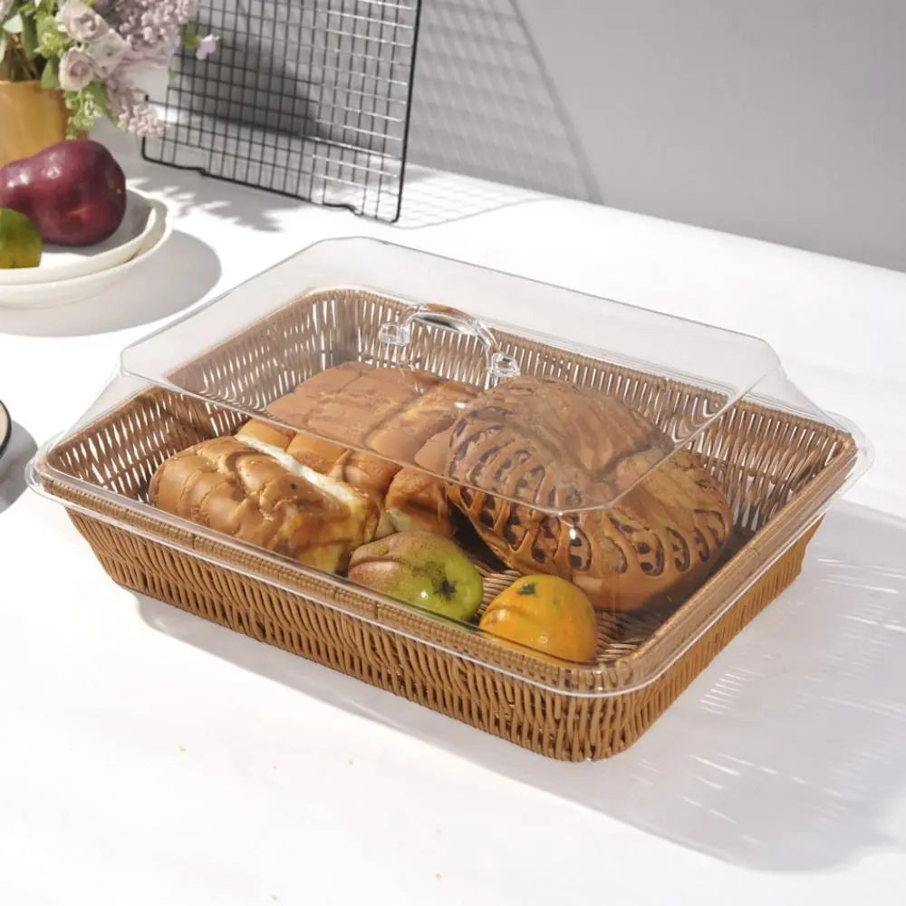 1Pcs Imitation Rattan Woven Basket Lid Transparent Vegetable Bread Serving Food Serving Basket with Acrylic Lid Tabletop