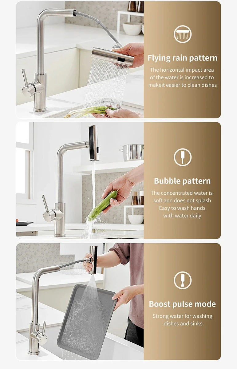 Black Kitchen Faucets Gray Pull Out Rotation Waterfall Stream Sprayer Head Sink Mixer Brushed Nickle Water Tap Accessorie