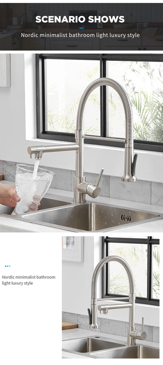 Kitchen Faucets Brush Brass Faucets for Kitchen Sink  Single Lever Pull Down Spring Spout Mixers Tap Hot Cold Water Crane 9009