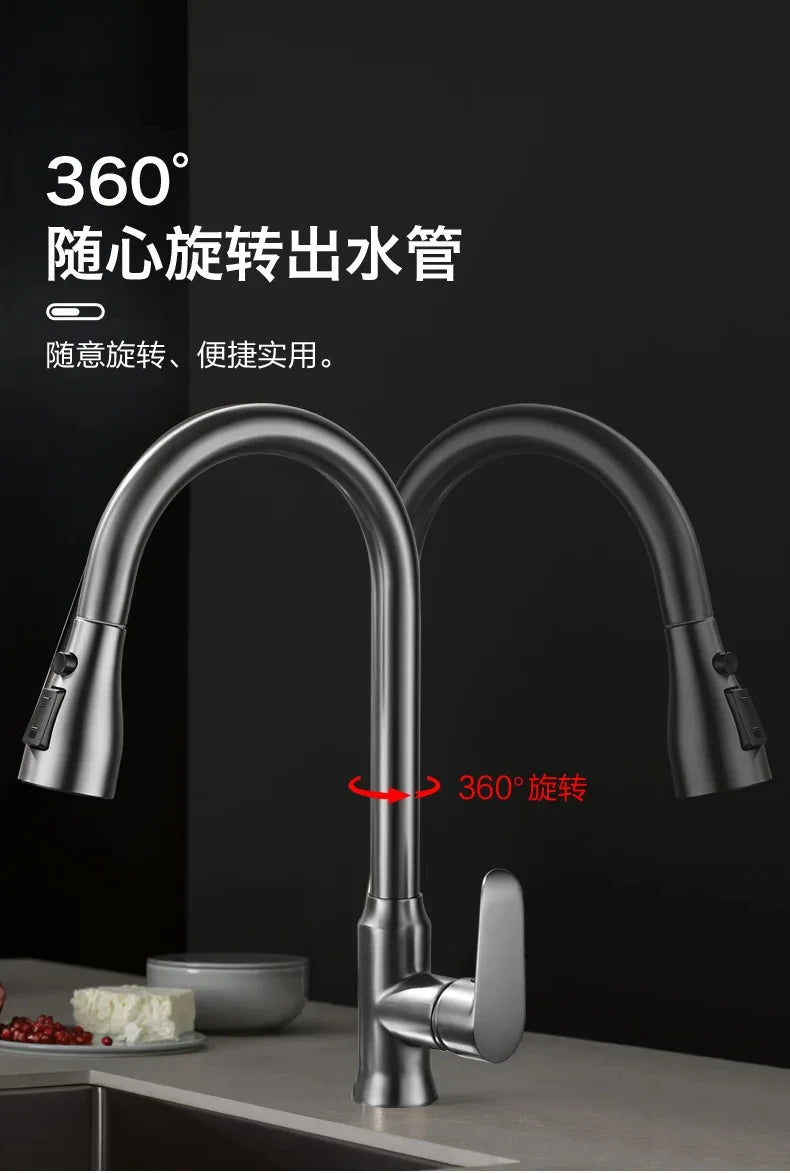 Kitchen Faucet Single Hole Pull-Out Spout Kitchen Sink Mixer Faucet Stream Spray Head Gun Gray/Black Mixer Faucet