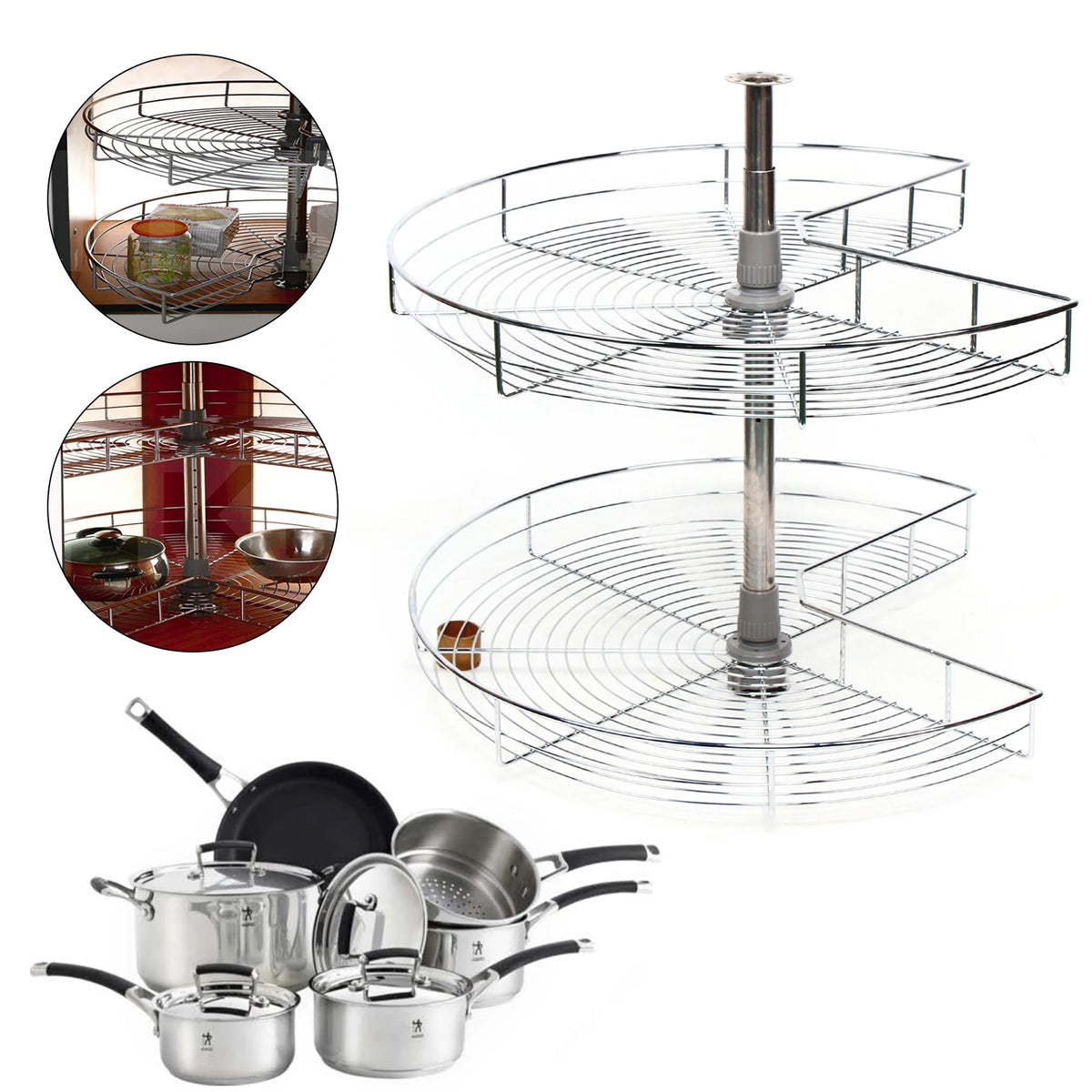 2-Layer Cabinet, 270° Rotating Design Swivel Fitting Shelf Height Adjustable 8kg Maximum Load for Kitchen Organizing