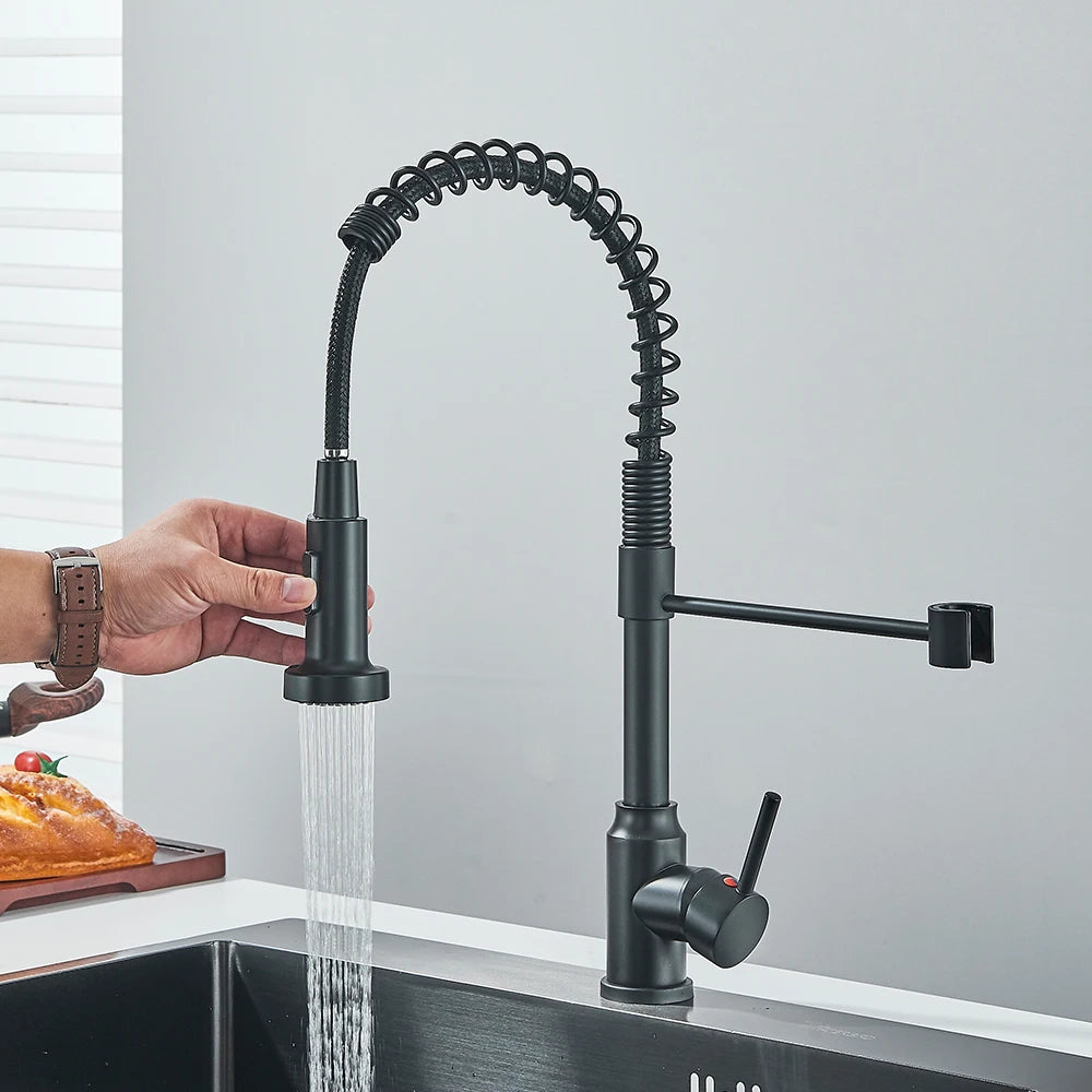 Matte Black Kitchen Sink Faucet One Handle Spring Hot and Cold Water Tap Deck Mounted Bathroom Chrome Kitchen Crane