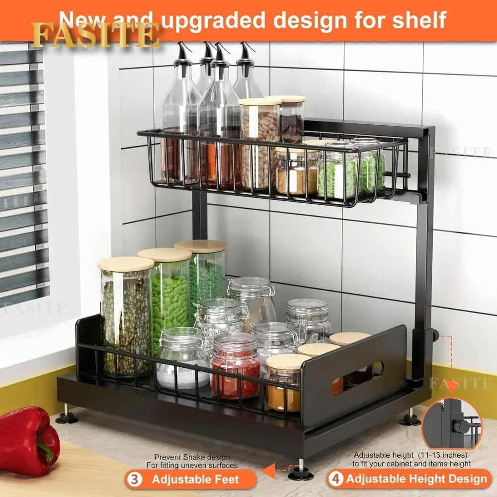 2-Tier Sliding Out Kitchen Basket Sink Shelf Cabinet Organizer 2 Pack