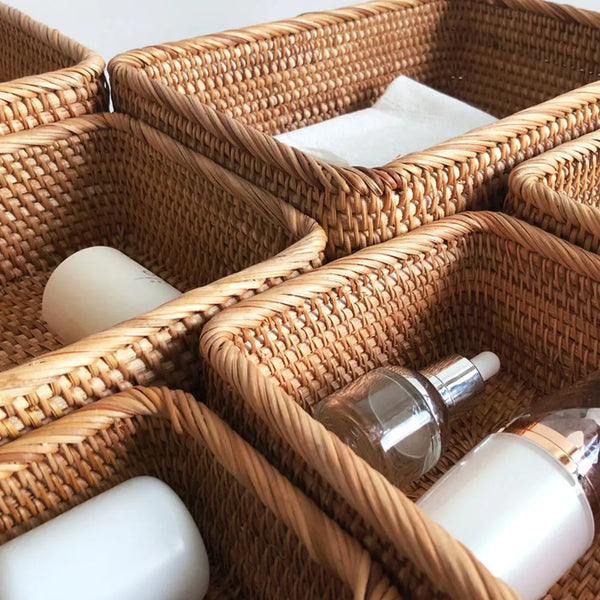 Manual Rectangular Weaving Rattan Wicker Basket Fruit Snacks Tray Bread Hand-knitted Box Portable Picnic Storage Box