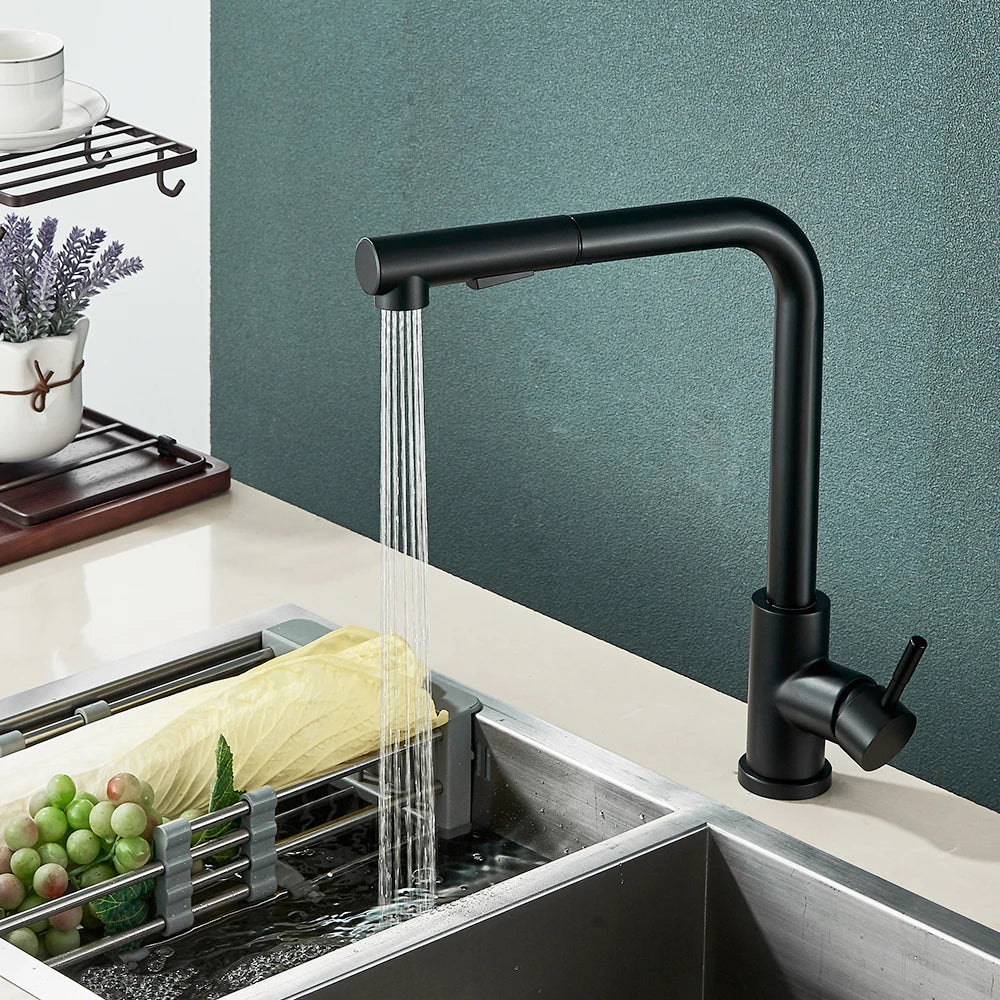 Free Shipping  Black Pull Out Kitchen Sink Faucet Two Model Stream Sprayer Nozzle Stainless Steel Hot Cold Wate Mixer Tap Deck