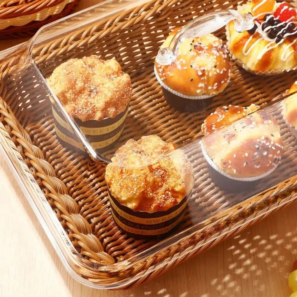 1Pcs Imitation Rattan Woven Basket Lid Transparent Vegetable Bread Serving Food Serving Basket with Acrylic Lid Tabletop