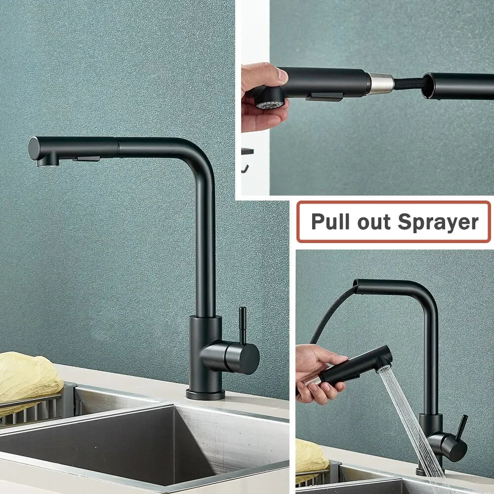 Pull Out Kitchen Sink Faucet Flexible 2 Modes Stream & Sprayer Nozzle Rotatable Faucets Stainless Steel Hot Cold Wate Mixer Tap