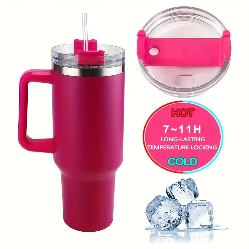 1Pc Insulated Reusable Double Wall Tumbler with Handle and Straw Lid, Stainless Steel Water Bottle, Travel Mug, 40 OZ