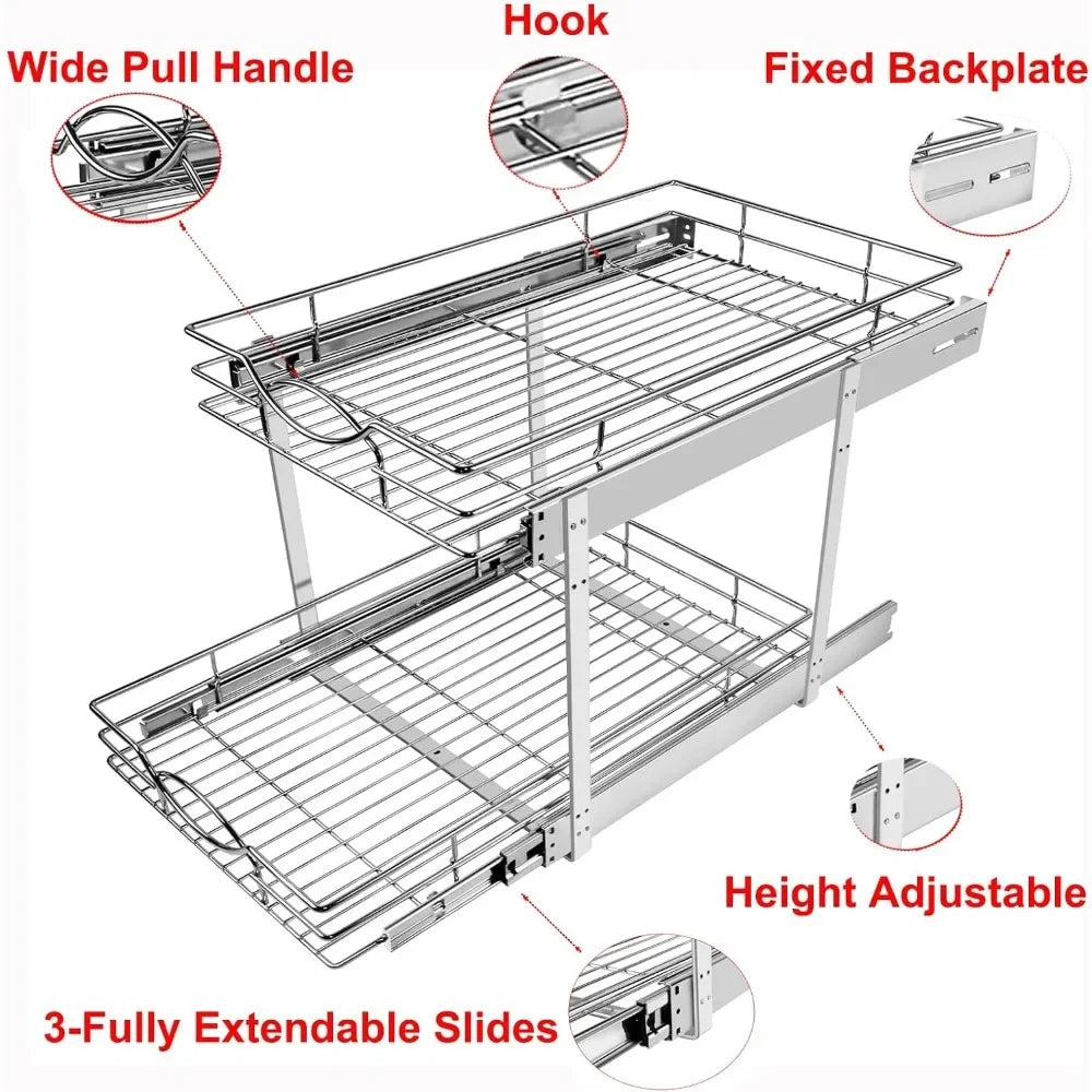 Pull Out Cabinet Organizer 26" W x 21" D 2-Tier Individual Slide  Drawer Pantry Shelf Storage